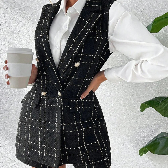 Fall Stylish Plaid Double Breasted Tweed Vest Blazer & Shorts - Picture 5 of 8